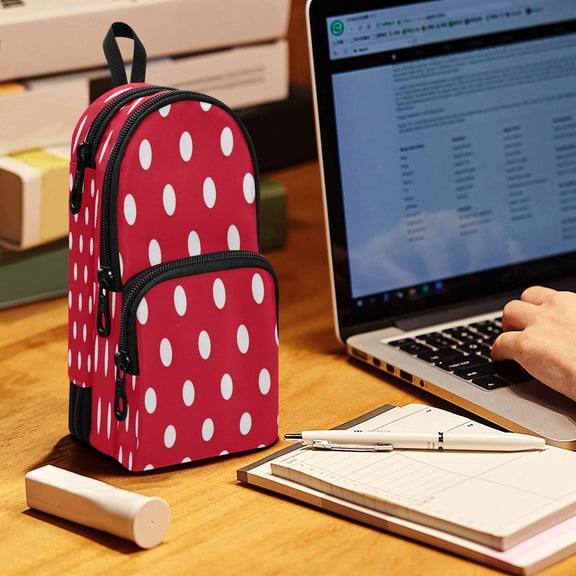 Backpack Pencil Case, 3 Compartment Large Capacity Oxford Fabric Pencil Pouch / Vintage Red Polka Dot