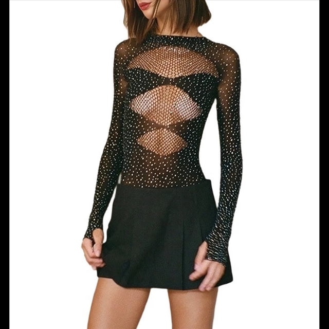 Combinaison Justaucorps à Manches Longues en Maille Transparente pour Femmes Noir Taille Unique