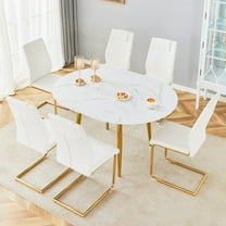 NYEESS 7-Piece Extendable Dining Table Set, 42"-54" Round to Oval White Faux Marble-Textured MDF Top & Gold Metal Legs, Modern Kitchen Set with 6 White PU Chairs