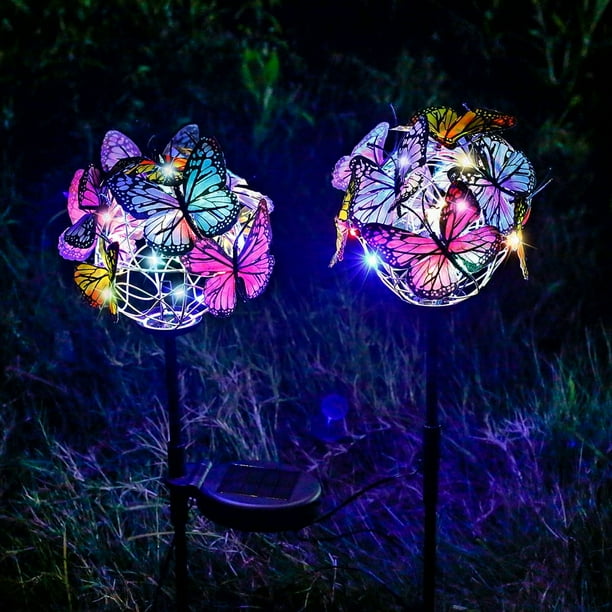 2 Pack Solar Garden Lights With Butterfly Flowers - Waterproof Outdoor Solar Lights For Patio & Yard