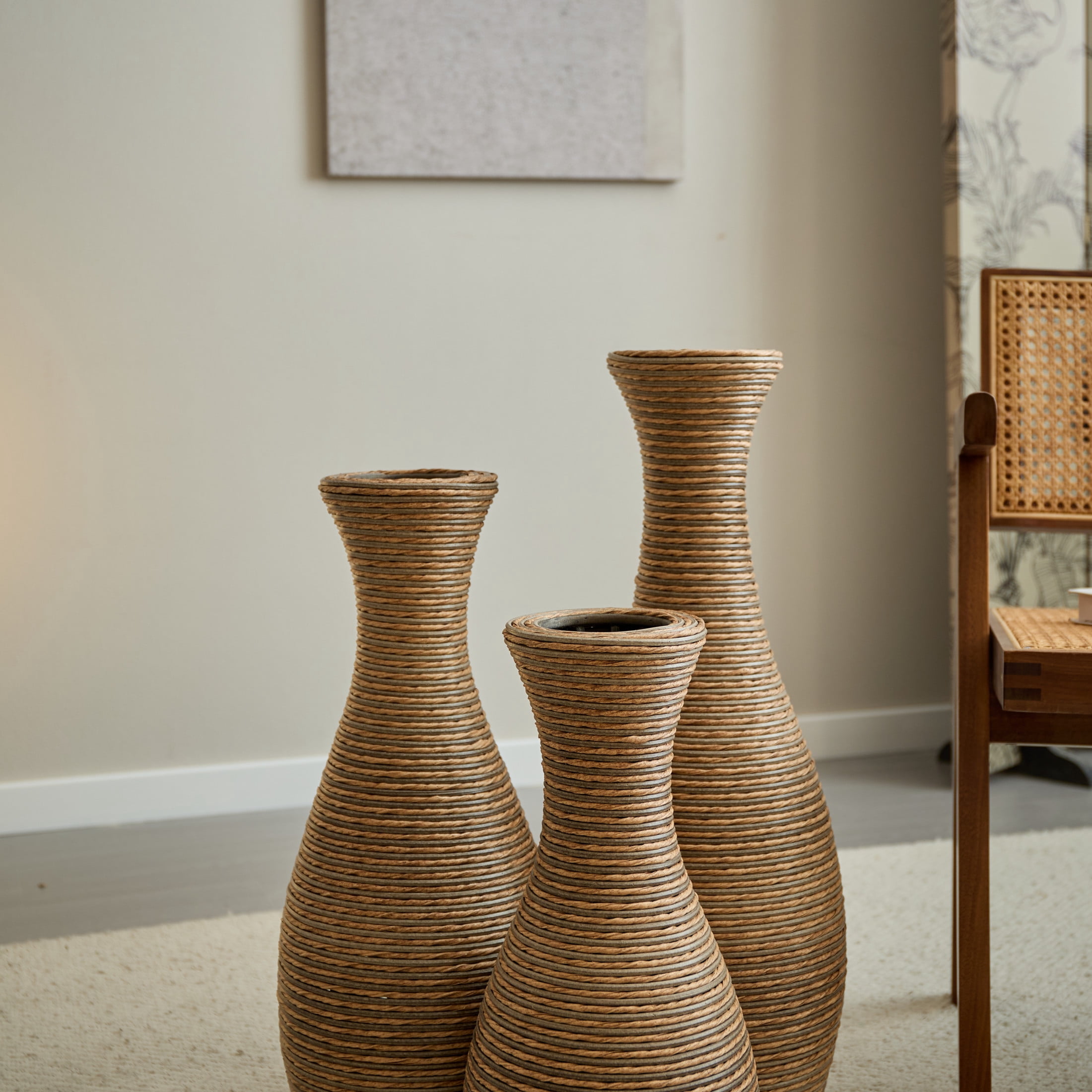 Noble House 3-Piece Rattan-Look PVC Floor Vase Set, Decorative Vases for Home Decor, Beige