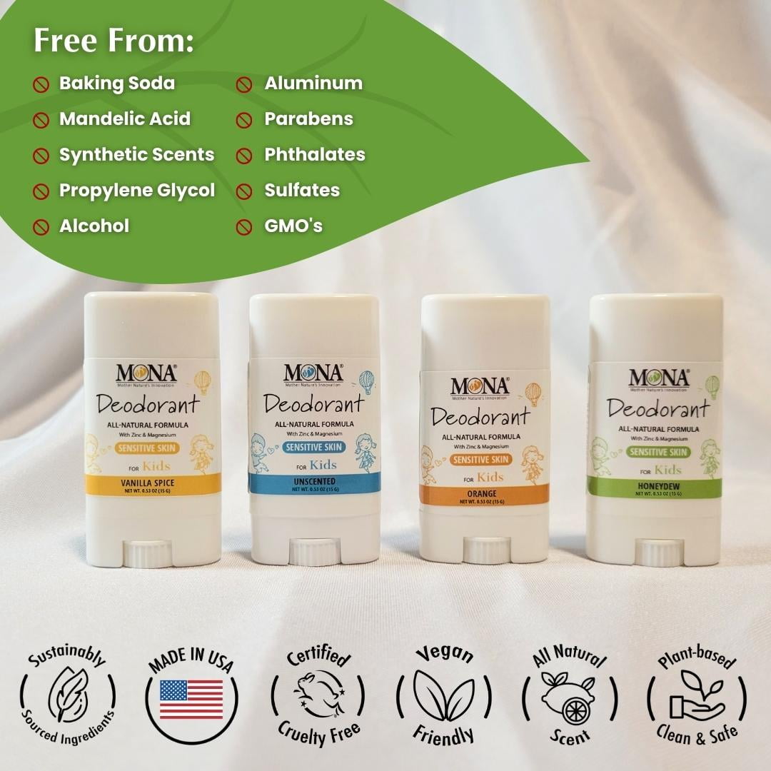 MONA Aluminum-Free Hypoallergenic Magnesium Deodorant Stick for Sensitive Skin, Travel Size, Vegan, 0.53 oz (4-Pack)