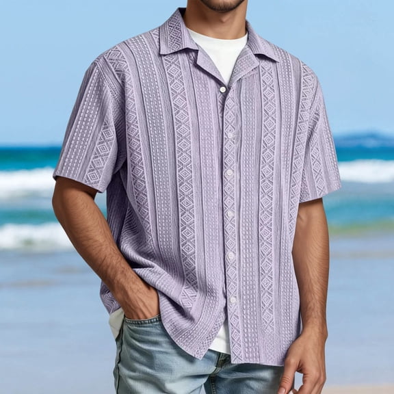HOWPAY Mens Button down Shirt Short Sleeve Summer Solid Color Holiday Beach Tops Casual Regular Fit Lightweight Soft Clothes Purple L