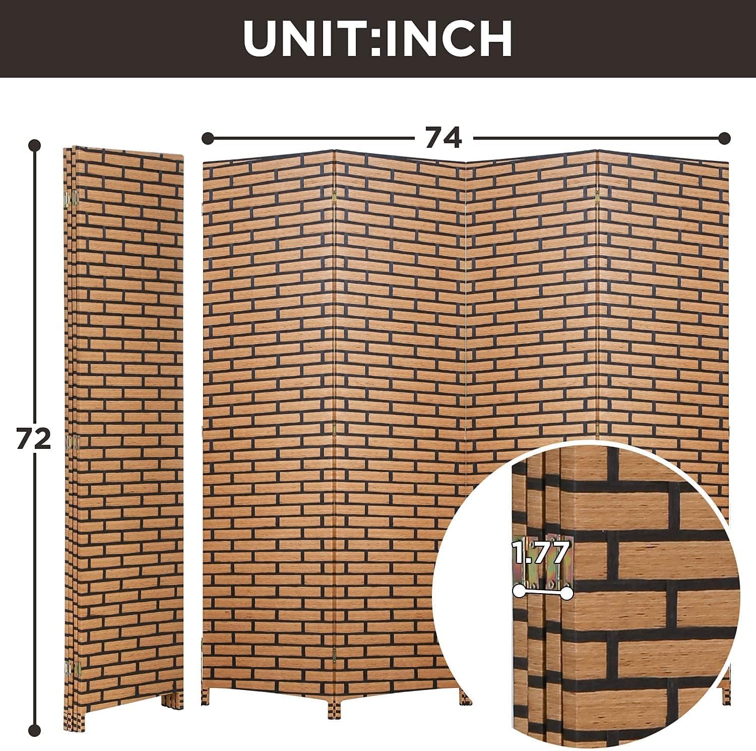NiamVelo 4 Panel Wood Room Dividers Folding Privacy Screen Portable Screen Partition Wall Dividers for Home Office, Brick