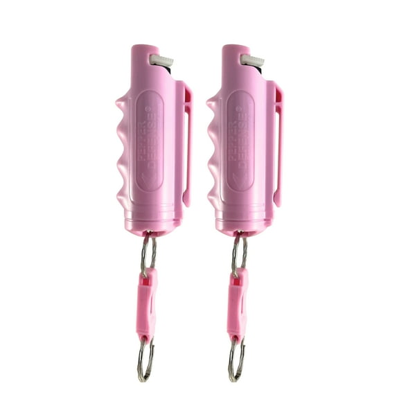 Pepper Defense 2-PACK Pepper Spray Keychain with Pink Finger Grip Belt Clip Holster - 4-in-1 Maximum Strength Formula (Pink Pepper Spray)