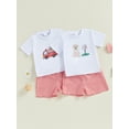 thumbnail image 3 of BemeyourBBs Toddler Baby Boy Valentines Day Outfit Spring Summer Clothes Cute Fire Engine Embroidery Short Sleeve T-Shirt Top and Plaid Shorts Set, 3 of 9