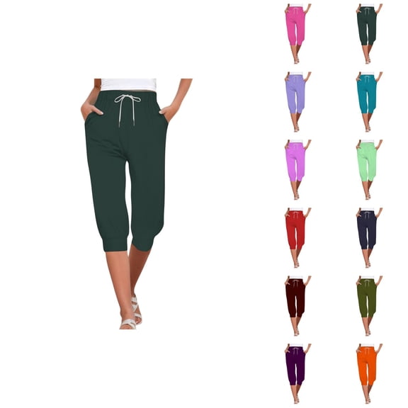Capri Pants for Women Summer Casual Elastic High Waist Drawstring Cropped Yoga Jogger Pants with Pockets