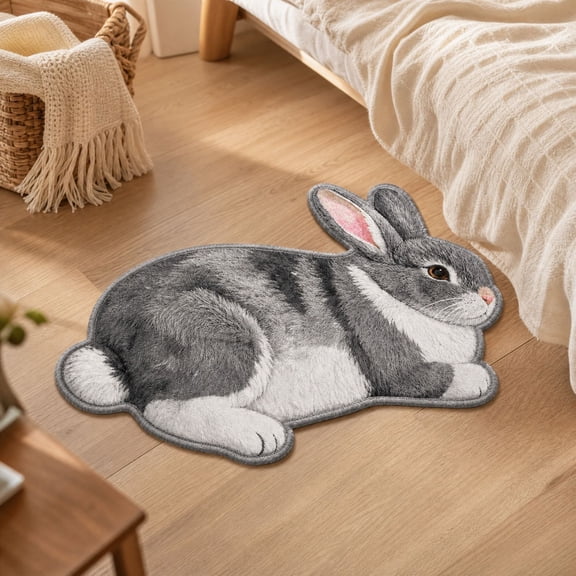 Cute Gray Bunny Shaped Area Rug, Soft Fluffy Animal Floor Mat with Rabbit Design for Bedroom Bathroom and Home Decor