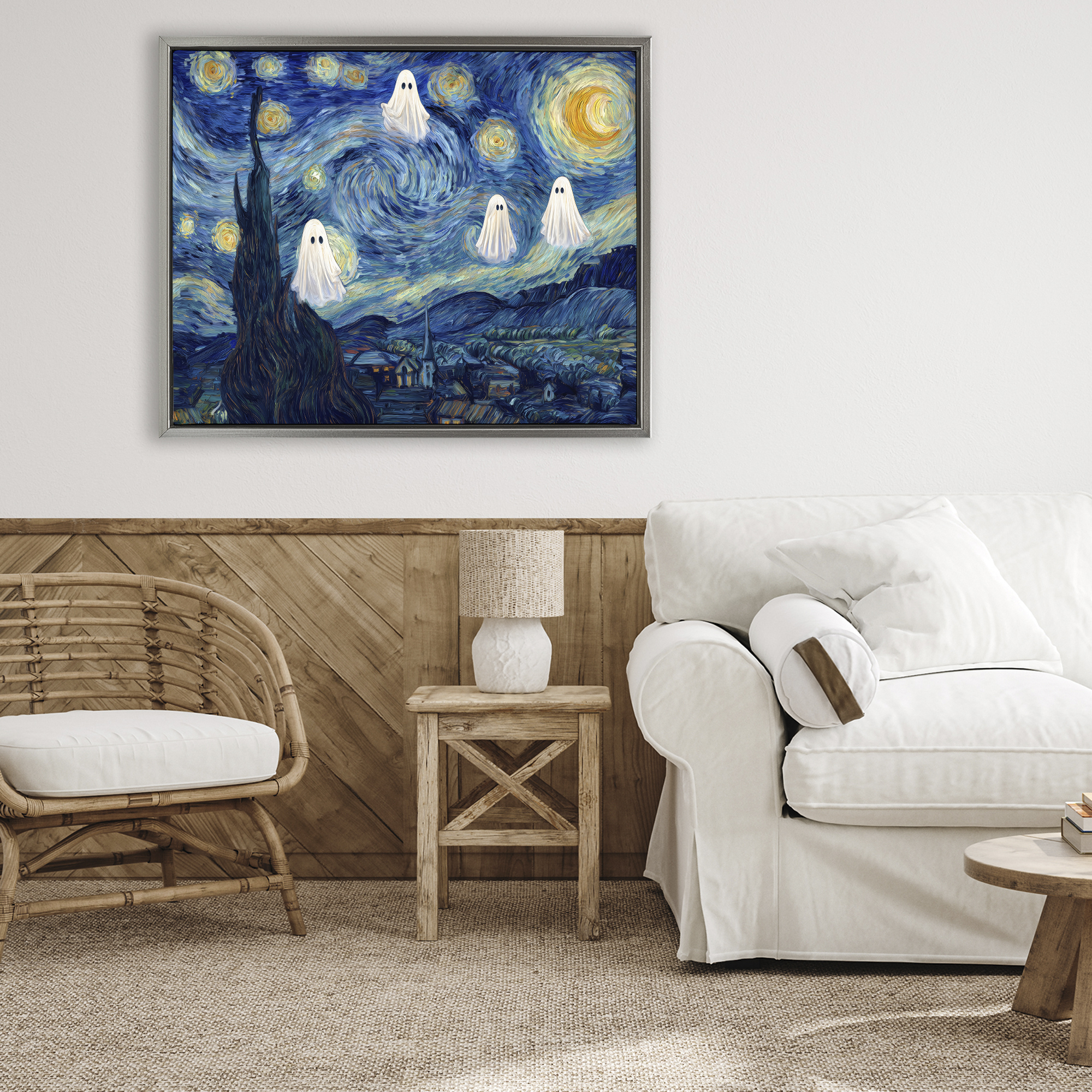 Classic Night Ghosties Gray Framed Floater Canvas Wall Art, design by Arlington Prints