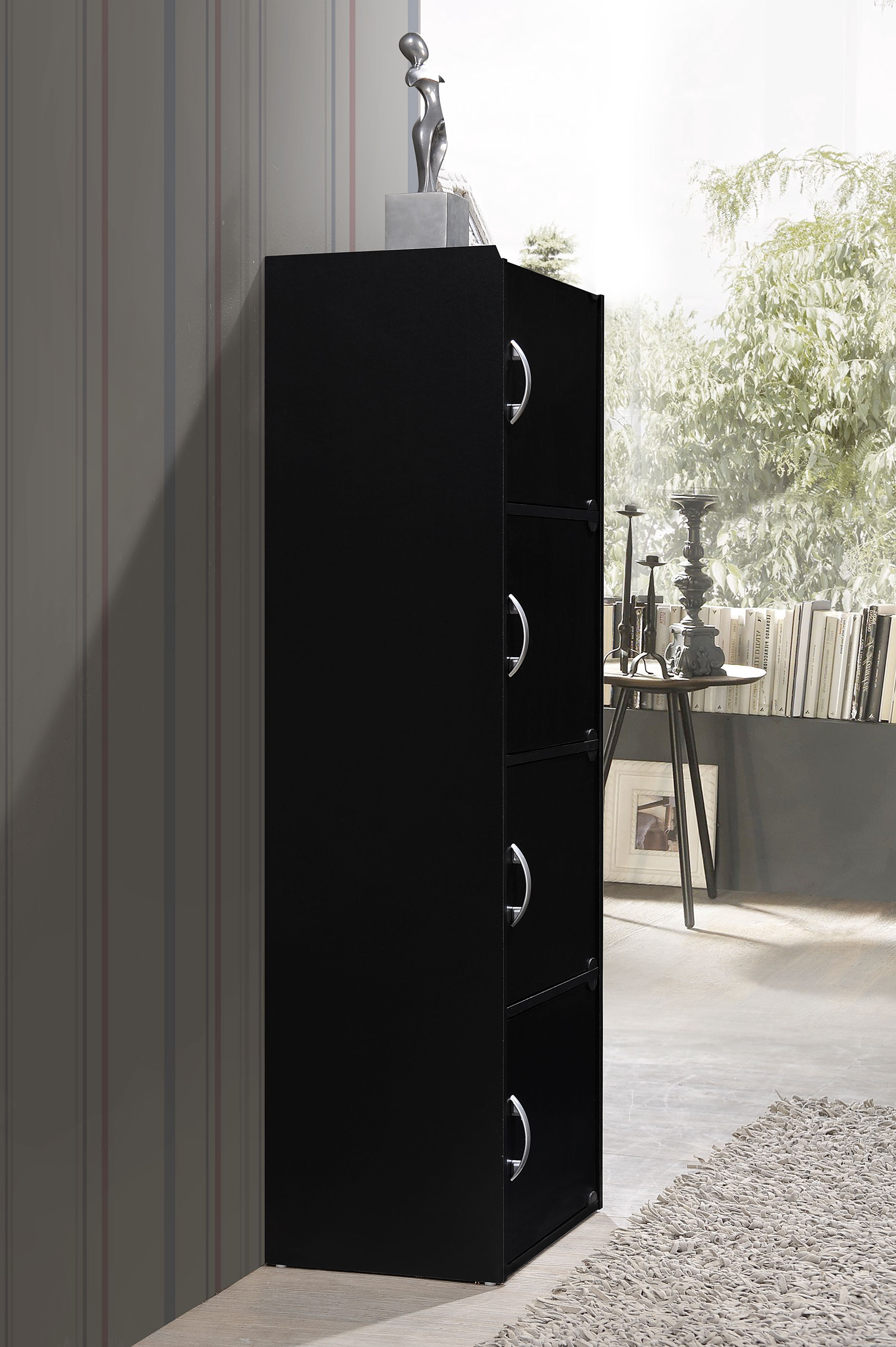 Hodedah 4-Shelf, 4-Door Bookcase in Black