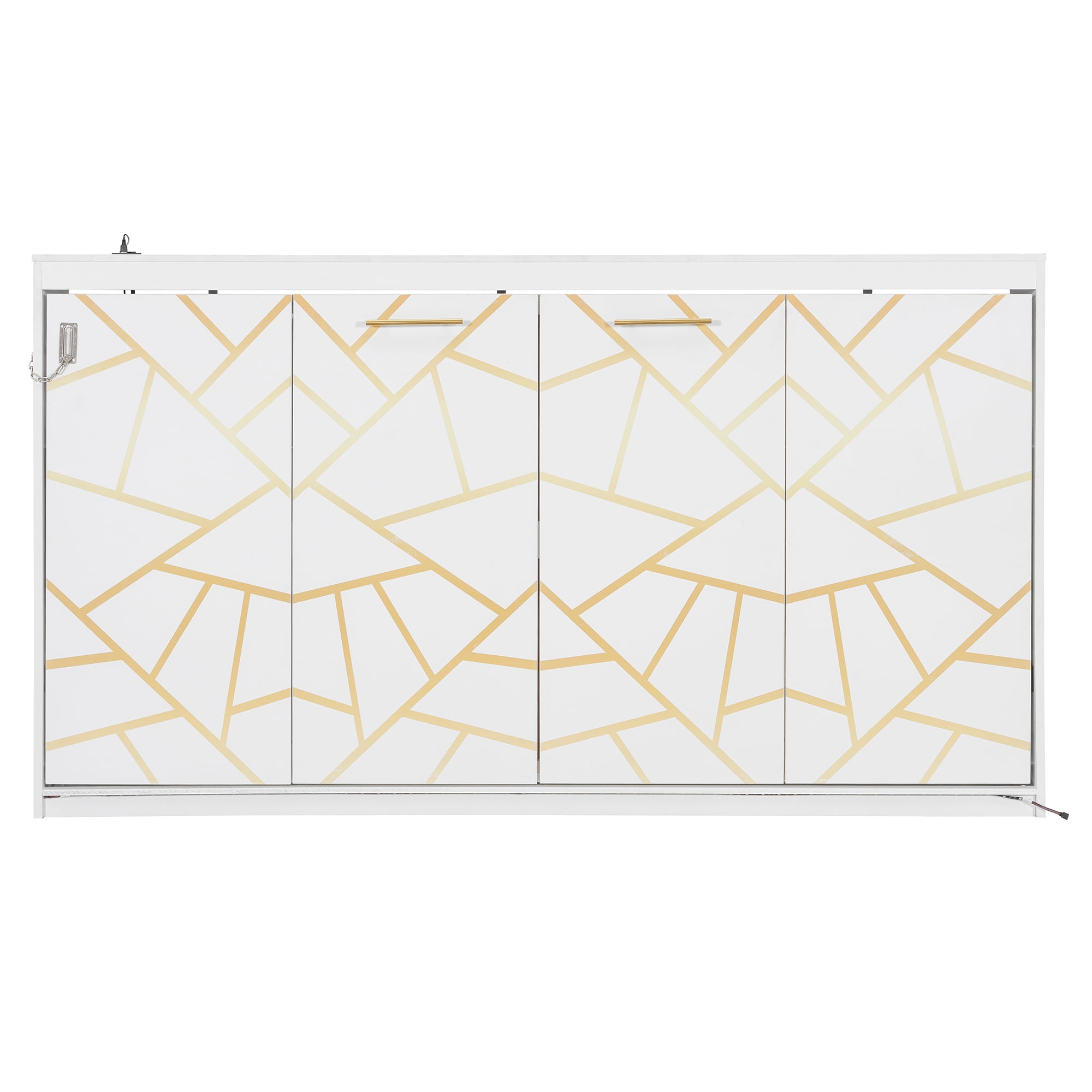Mintazer Twin Size Murphy Bed with LED Lights & USB Port, Modern Folding Cabinets Bed with Gold Geometric Pattern for Home Office, White