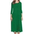 thumbnail image 3 of Zpanxa Plus Size Dress for Women, Solid 3/4 Sleeve Empire Waist Dress, Round Neck Fall Dress Casual Midi T-Shirt Dress Green 3XL, 3 of 5