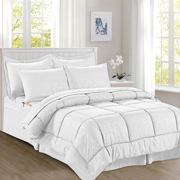 Mocassi Cozy & Soft 8-Piece Bedding Set - Includes Comforter, Smart Sheet Set, Bed Skirt, Matching Pillowcases and Shams, Bamboo Design, Full/Queen, White Comforter Set