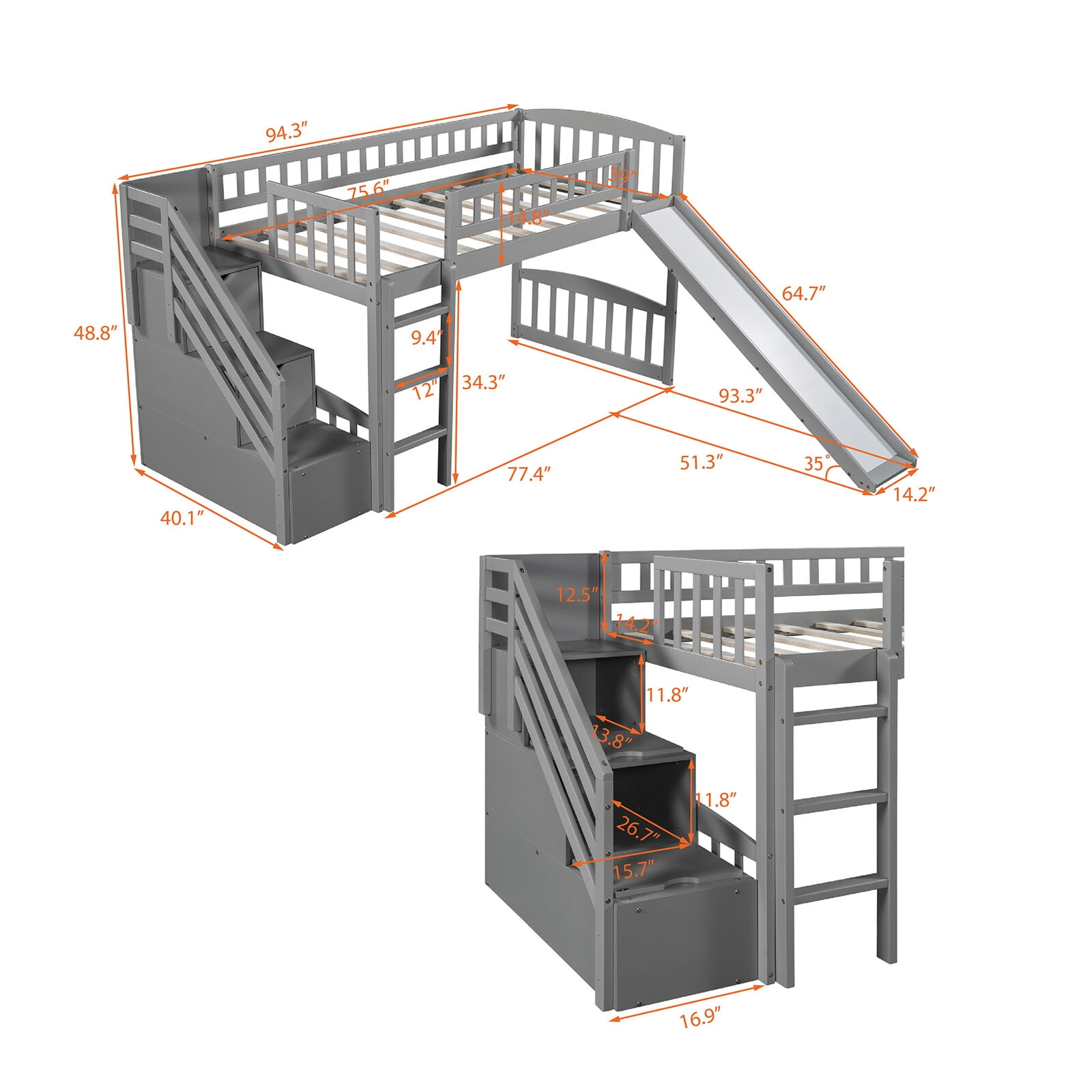 Buy Weikabu Loft Bed Wood Twin Frame with Slide Stairs Ladder Guard Buy Weikabu Loft Bed Wood Twin Frame with Slide Stairs Ladder Guard