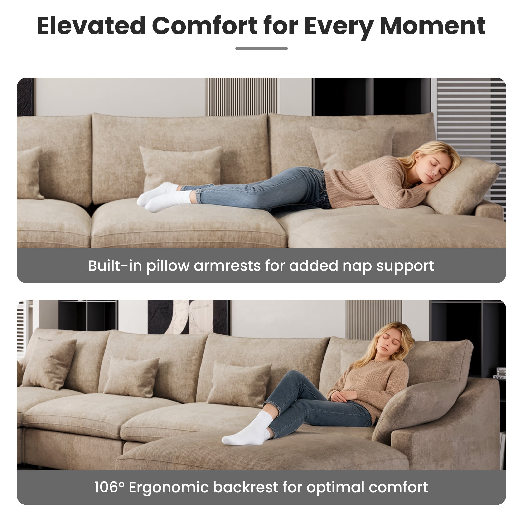 The Magic Home Modular Sofa & Sectional Sofa - U Shaped Deep Seat Cloud Couch in Soft Linen Blend Fabric,Perfect for Apartment & Small Space Living,4-seat Sofa with Two Ottomans,Khaki Couch