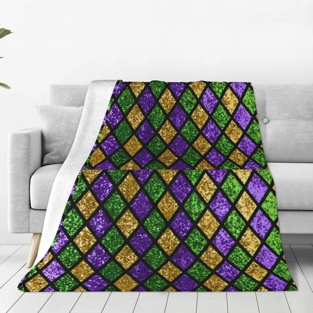 Balery Mardi Gras Shiny Green Purple Manta de Felpa Suave y Acogedora – Cobija de Franela Aterciopelada para Cama, Lavable y Cálida para Sofá, Mascotas, Transpirable-40"x30"