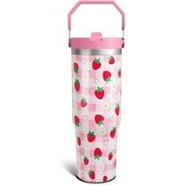 Strawberry Gifts 30 Oz Tumbler with Top Handle and Flip Straw, Pastel Plaid Stainless Steel Insulated Water Bottle Cup, Cute Fruit Lover Birthday Gifts for Women Girls