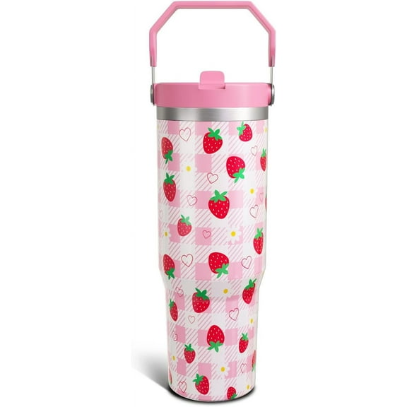 Strawberry Gifts 30 Oz Tumbler with Top Handle and Flip Straw, Pastel Plaid Stainless Steel Insulated Water Bottle Cup, Cute Fruit Lover Birthday Gifts for Women Girls