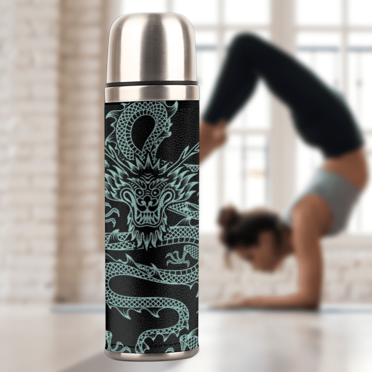 Insulated Stainless Steel Water Bottle with Cup Lid , 25oz Vacuum Flask with Double Wall, Leakproof Lid, for Outdoors Gym Office - Dragon Pattern