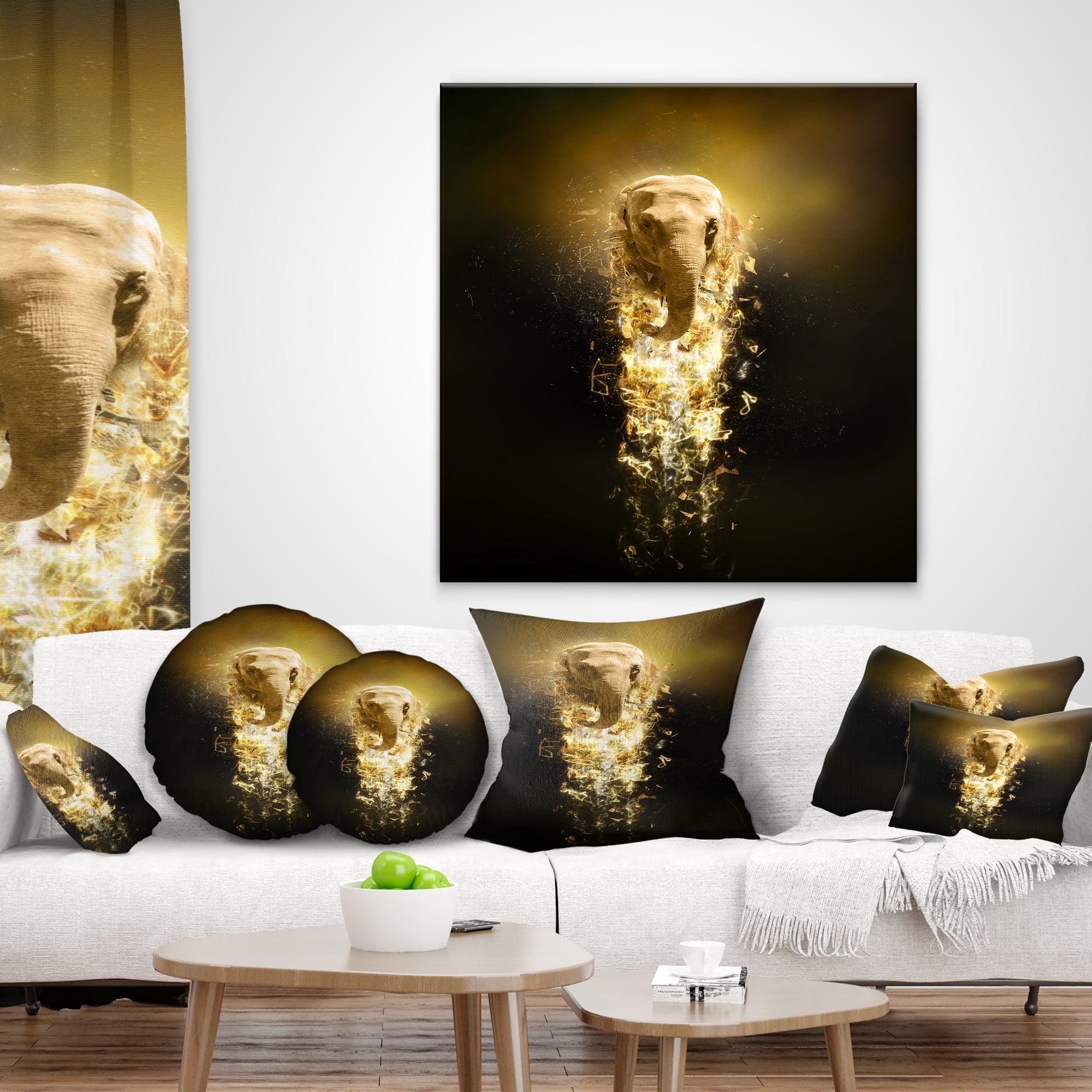 Designart Fantasy Elephant on Black - Animal Throw Pillow - 16x16
