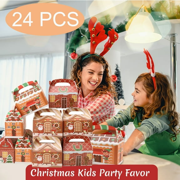 YouLoveIt 24pcs Christmas Gift Box Treat Boxes Xmas Cardboard Party Favor Gable Gift Paper Box for Holiday Wrapping Classroom Supplies Fill with Candy Treats Cookies Cupcake Goodies