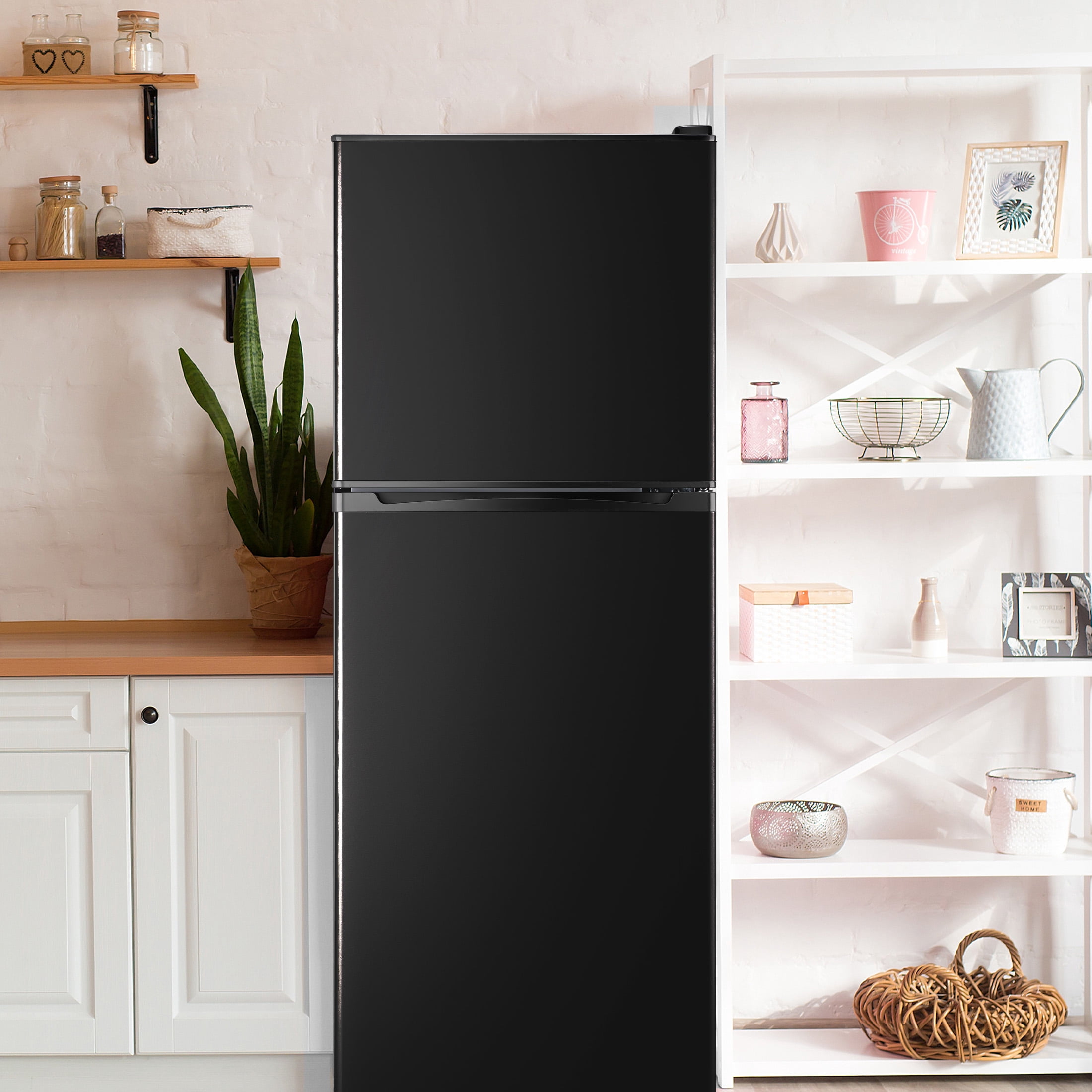 WANAI Mini Fridge with Freezer Black 4.5 Cu. Ft 2-Door Compact Refrigerator Dorm Apartment 7 Adjustable Thermostats 4 Removable Shelves