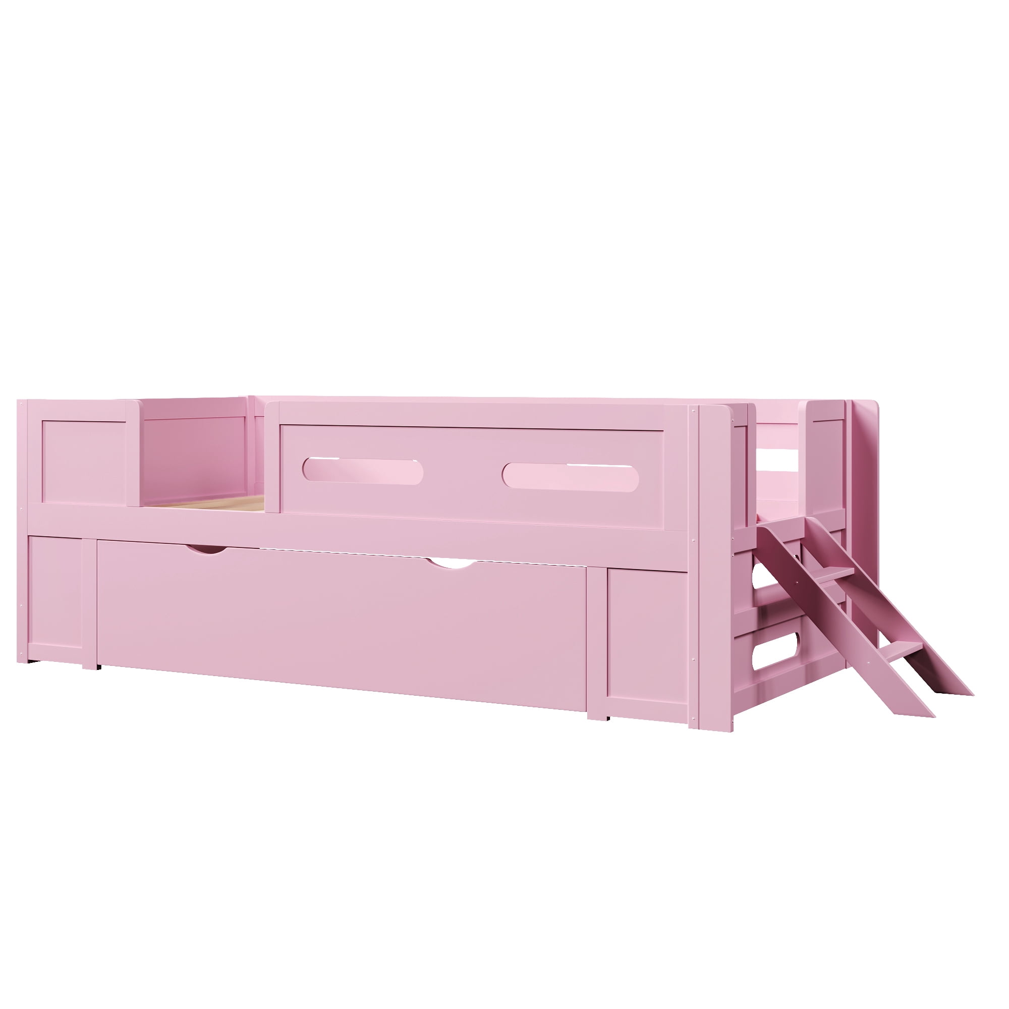 Euroco Wood Twin Size Platform Bed with Guardrails and Drawers, Pink
