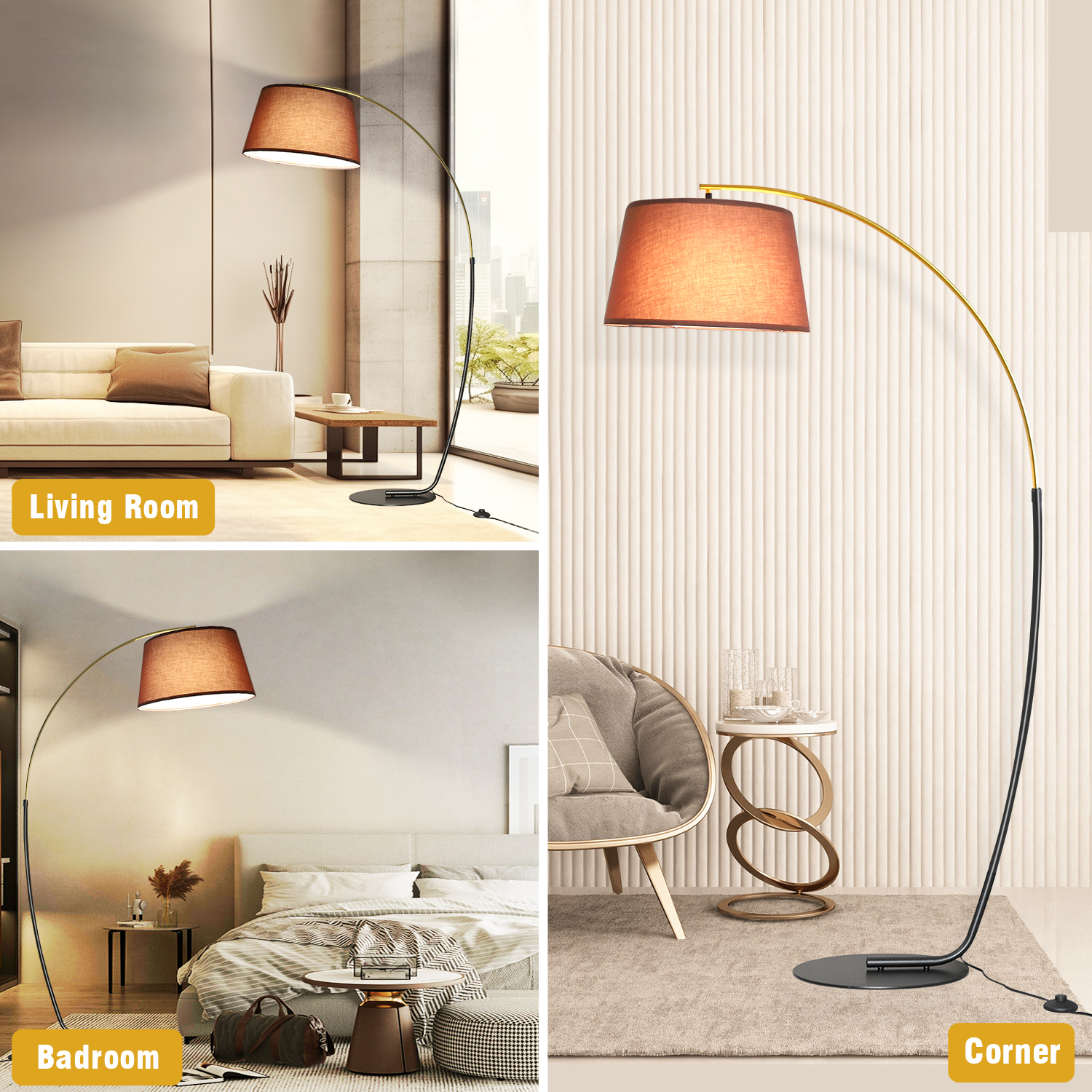 Arc Floor Lamps for Living Room 74 inch Tall Gold & Black Pole with 15W Dimmable RGB Bulb