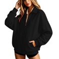 thumbnail image 2 of Women's Solid Full Zip High Collar Sweatshirt Long Sleeve Loose Casual Zip up Jacket with Pockets Lightweight Hoodless Outerwear Tops Black, 2 of 6