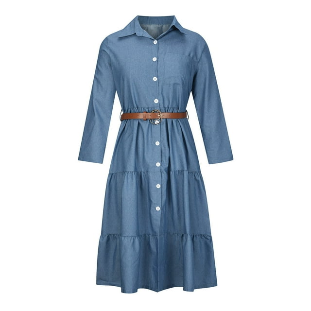 Vestidos Para Mujer Midi Vestidos de Moda Denim Solapa Denim Cuello Cuadrado Panelado Camisa Abotonada Vestido Odeerbi ODB167020