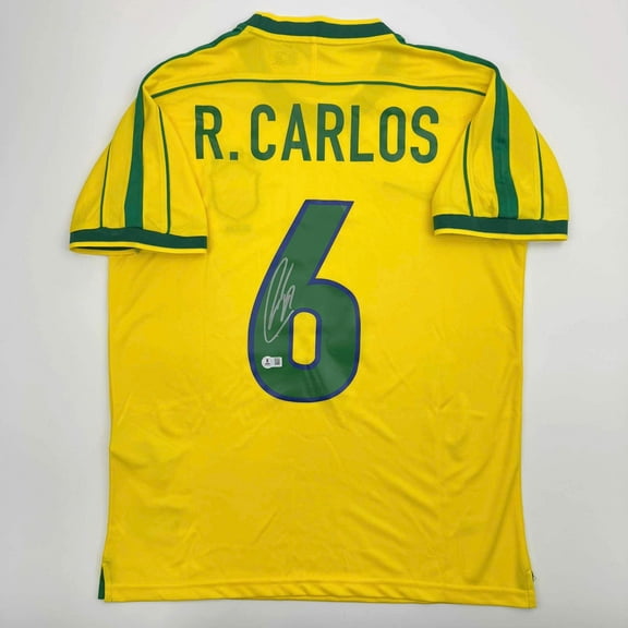 Autographed/Signed Roberto Carlos Brazil Yellow Soccer Jersey Beckett BAS COA