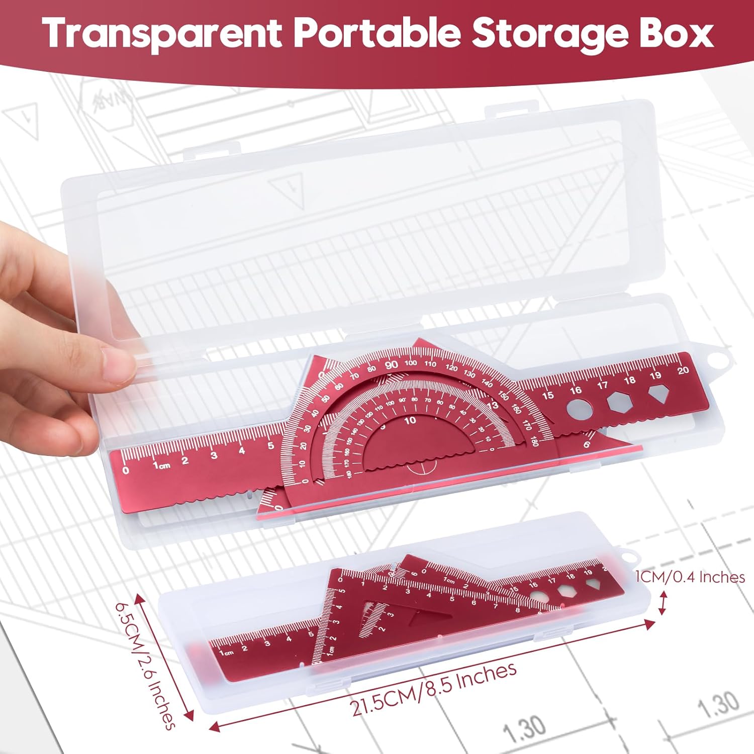 Triangle Ruler and Protractor t, 4 Pieces Aluminum Alloy Kit, Geometric for Student, School, Home, Office (Red, 20cm/7.87inch)