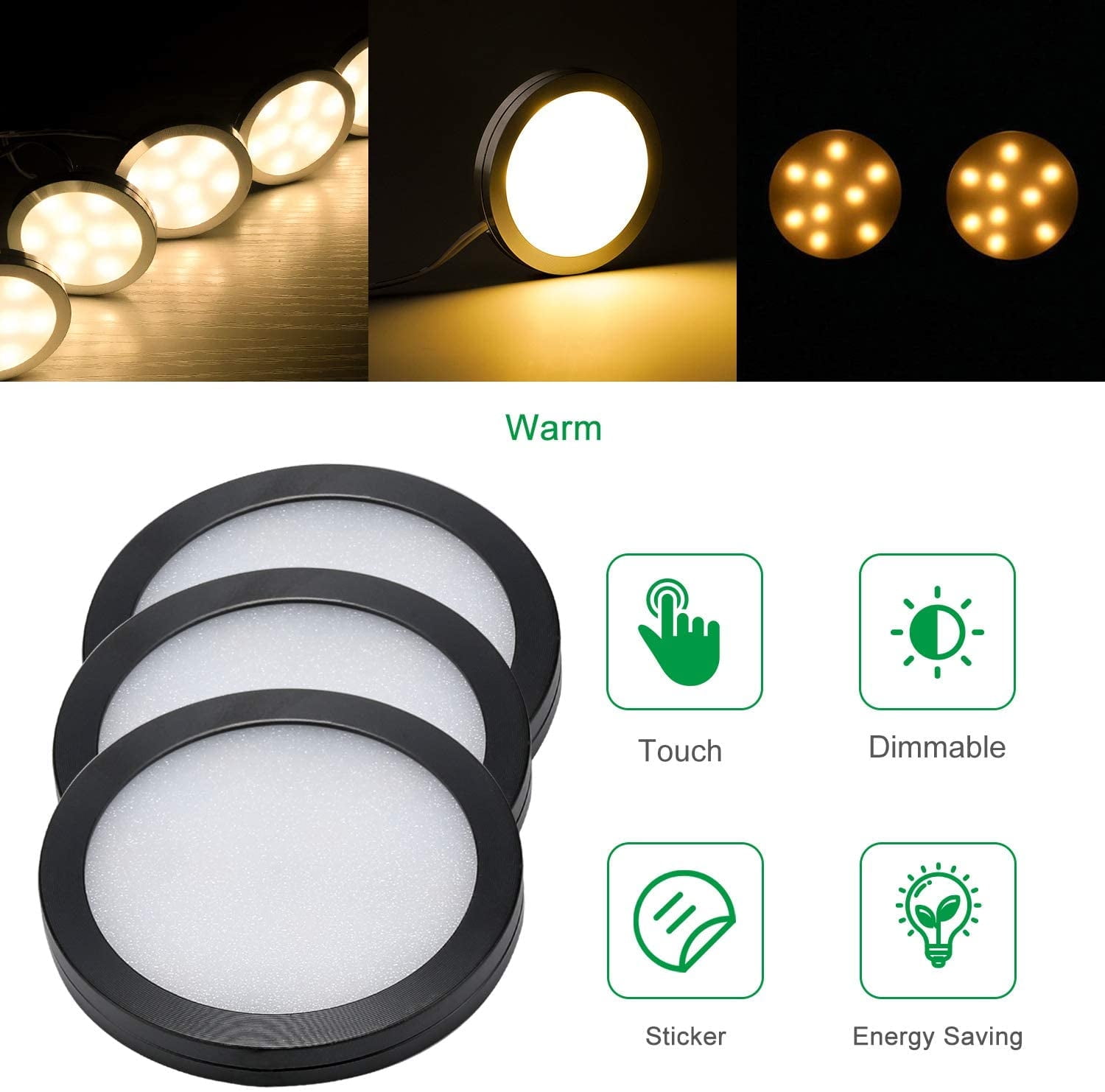Under Cabinet LED Puck Lighting Kit with Touch Dimmer Switch - Black Cover, Daylight White (6 Lights) for Kitchen Cupboard and Closet Lighting