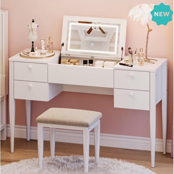 Makeup Vanity Set with LED Mirror and Stool, 3-in-1 Flip Top Vanity Desk with 5 Drawers, Adjustable Lighting Modes and Storage Organizer for Bedroom