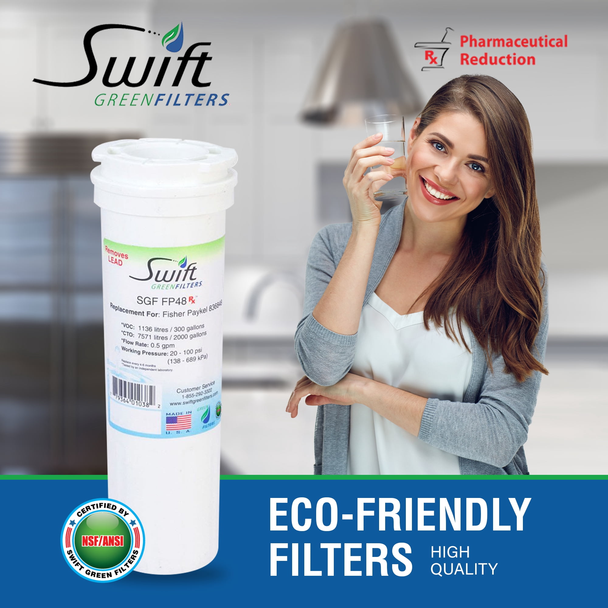 Swift Green Filters SGF-FP48 Rx Compatible Refrigerator Water Filter for 836848,WF296,EFF6017(1Pack)