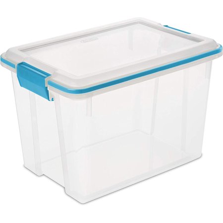 Sterilite 20 Qt Gasket Box, Stackable Storage Bin with Latching Lid and Tight Seal, Plastic Container to Organize Basement, Clear Base and Lid, 6-Pack