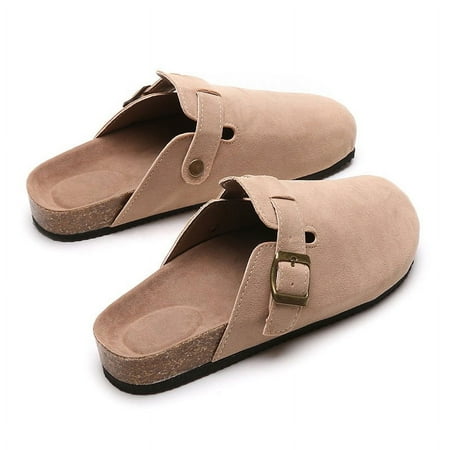 

HOLXI 2024 Clogs for Women Suede Soft Leather Clogs Classic Cork Clog Antislip Slippers Waterproof Mules House Sandals Buckle