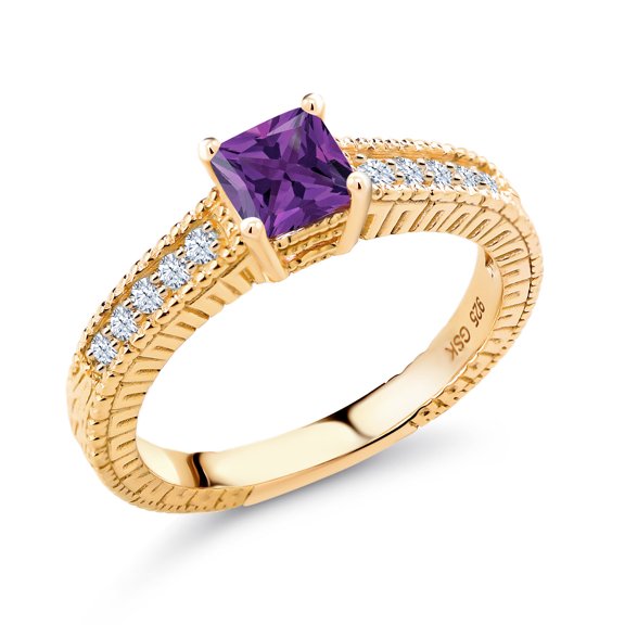 Gem Stone King 0.80 Ct Princess Cut Purple Amethyst White Created Sapphire 18K Yellow Gold Plated Silver Ring (Size 5)