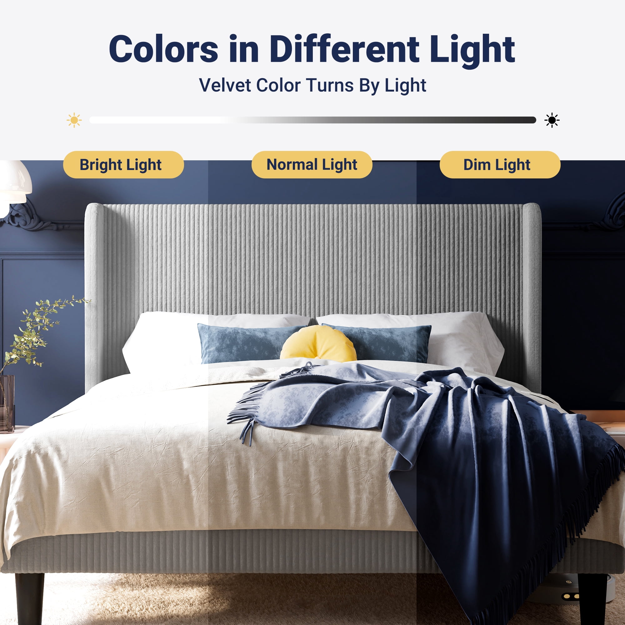 Allewie Queen Corduroy Upholstered Platform Bed Frame with Vertical Channel Tufted Wingback Headboard, 8" Under Bed Storage, Wooden Slats and Metal Frame Support, No Box Spring Needed, Light Gray