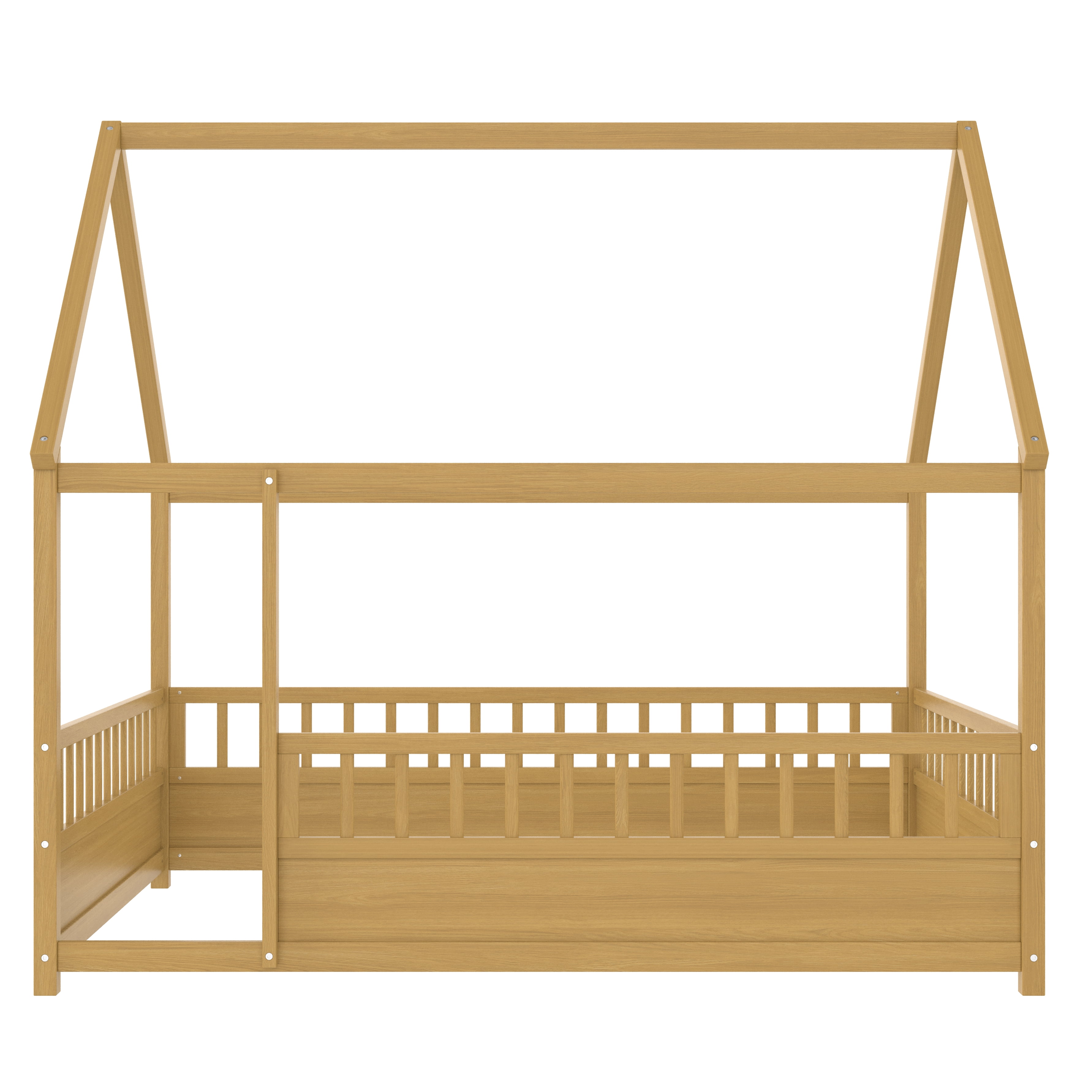 Floor Wooden Bed with House Roof Frame, Full Size Fence Guardrail Bed for Kids, Natural Pine Wood Children's Bedroom Furniture, 20-Inch High Fence with Roof Structure