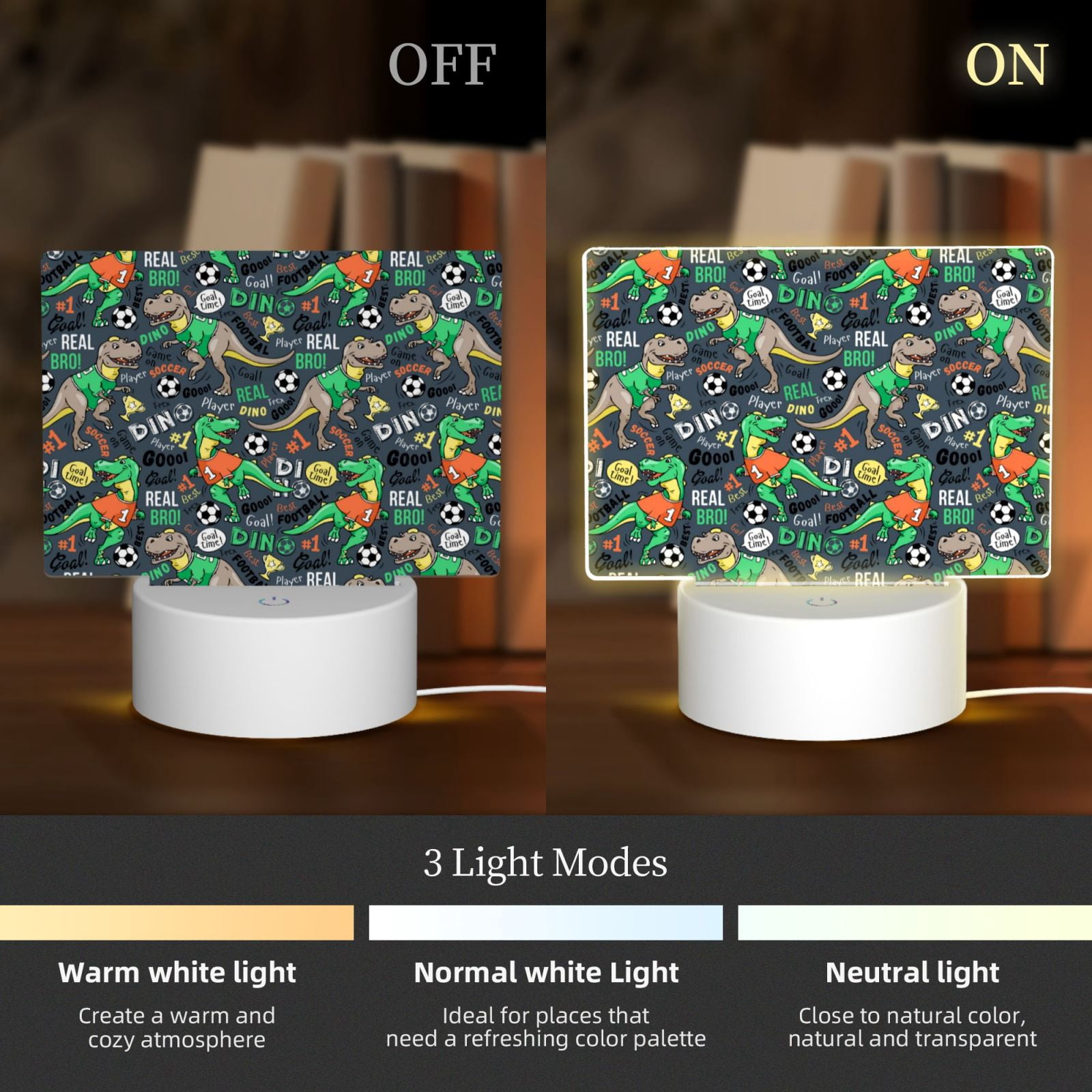 Vsdgher Dinosaur Plays Soccer Rectangular Acrylic Night Light Acrylic Sleep Night Light Friend Gifts for Birthday Gifts for Women Teens Boys Girls