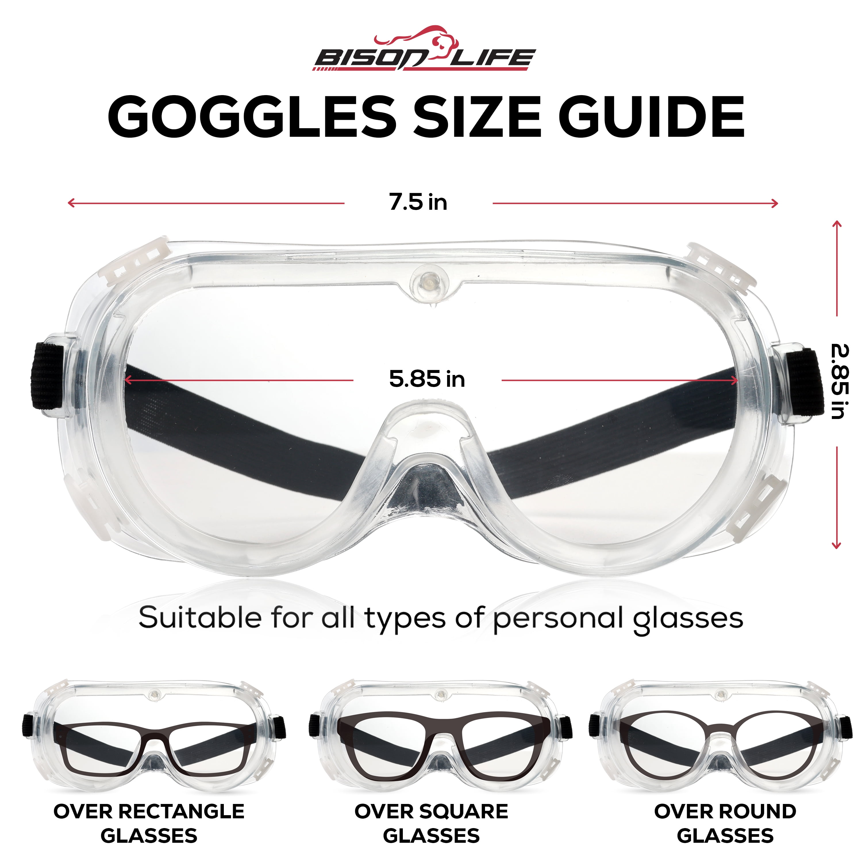 Bison Life 3 Pack Anti-Fog Clear Safety Goggles, Chemical and Splash Resistant, Adjustable Strap, ANSI Z87+