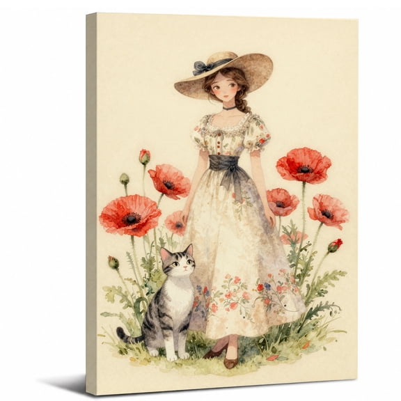 Cottagecore Girl Cat Canvas Wall Art Framed Decor,Vintage Botanical Print for Girls Room Nursery canvas print for bathroom bedroom or living room