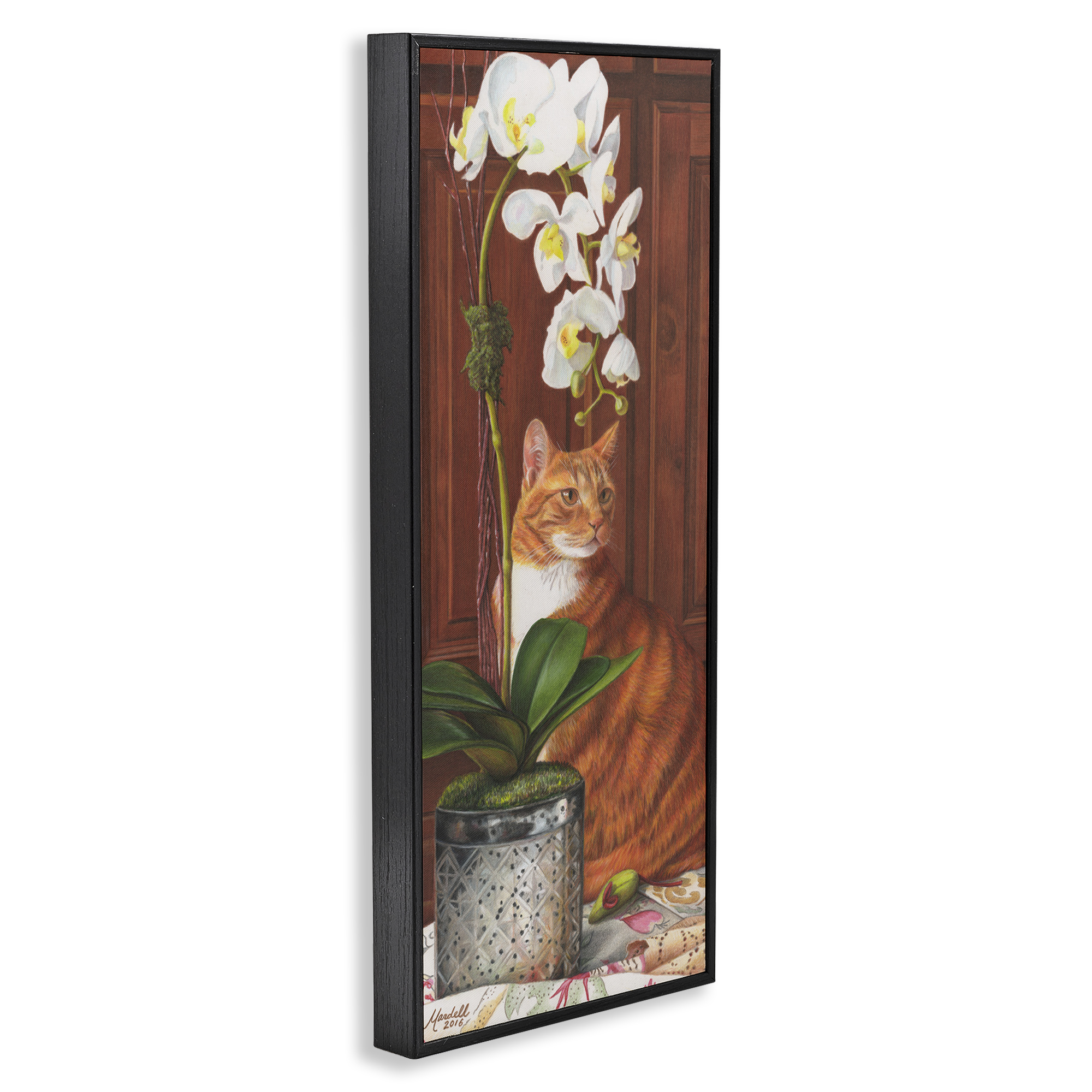 Stupell Industries Cat & Orchid Flower Animals & Insects Painting Black Framed Art Print Wall Art, 10 x 24