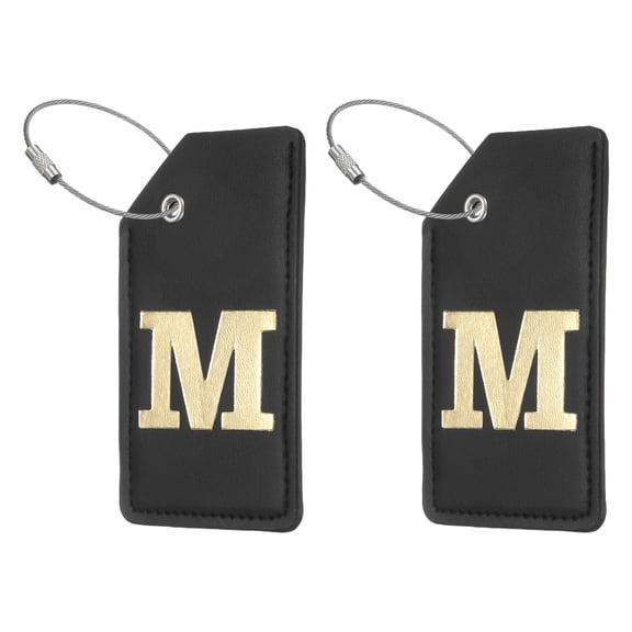 Uxcell Initial Luggage Tag, 2 Pcs PU Leather Letter Suitcase Tags with Steel Loop for Travel Bag Luggage Baggage Identification Labels Name ID Card, Black-Gold (Letter M)