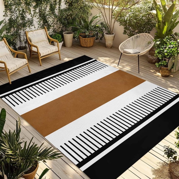 Fsddascl Modern Brown Black Outdoor Rug for Patio/Deck/Porch, Non-Slip Large Area Rug 5 x 8 Ft, Boho Contemporary Geometric Striped Indoor Outdoor Rugs Washable Area Rugs, Camping Rug Carpet