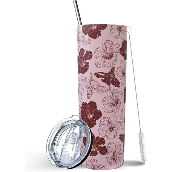Floral Tumbler, Trendy skinny Tumbler with Straw and Lid, Unique Birthday Gifts for Women, Friends Female, Teenage Girls - Flower Girl Gift, Hibiscus Flower Tumbler Cup/Water Bottle/Travel Mug 20 O