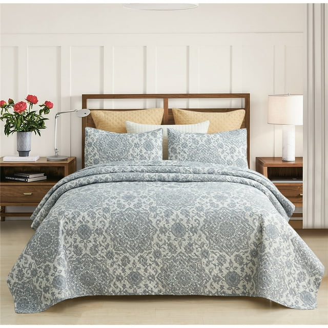 JML Quilt Set 3 Piece, Embossed Bedspread Bedding Set with 2 Shams, Queen, Light Grey & Blue Floral
