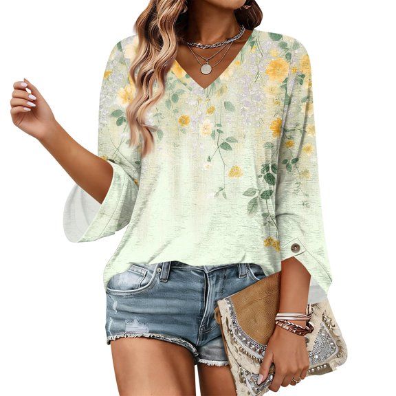 Iaqnaocc Shirts for Women 3/4 Length Sleeve Womens Tops Dressy Casual Crewneck T-Shirts Vintage Floral Print Tunic Tops Business Work Fall Summer Clothes Yellow 2XL