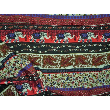 Challis Rayon Apparel Fabric Tribal Elephant Paisley Floral Red Brown Black F402
